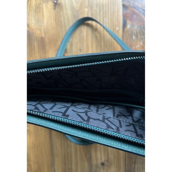 Calvin Klein Monogram Tote Bag Dark Green Leather Trim Chain Strap - Picture 5 of 6